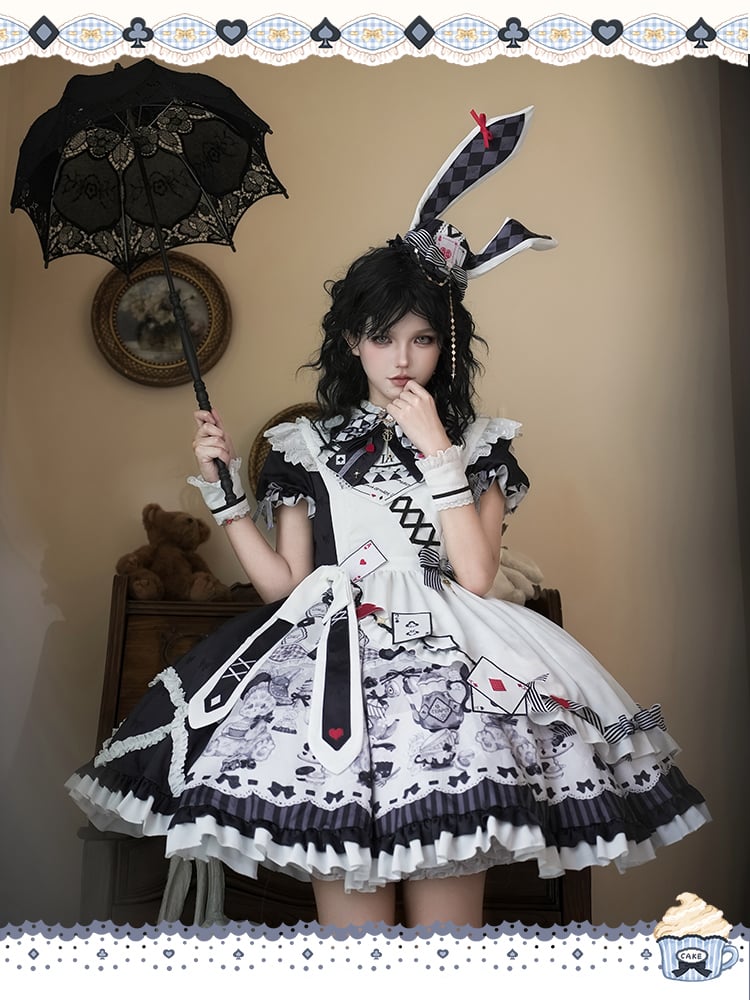 Sweet Lolita Apron Dress OP Full Set with Bunny & Teapot Print in Black and White - Ying Luo Fu