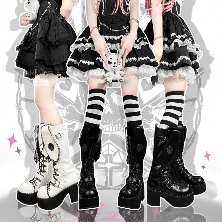 ブラックパンク風バニーイヤーデザインゴシックプラットフォームブロックヒールブーツ