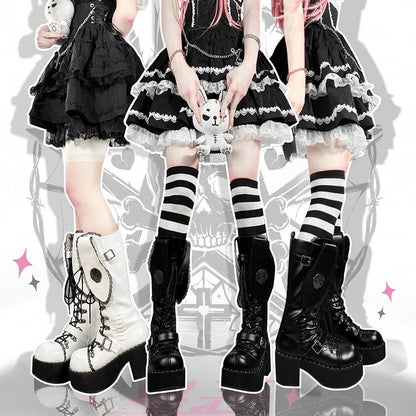 ブラックパンク風バニーイヤーデザインゴシックプラットフォームブロックヒールブーツ