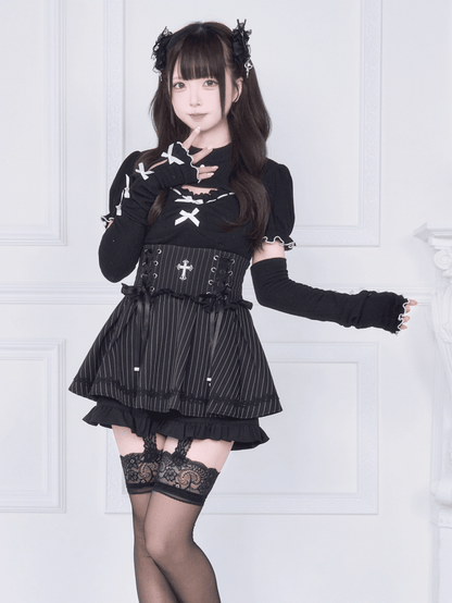 Knit Top with Contrast White Lettuce Hem Cuffs and Free Arm Warmers Jirai Kei Black