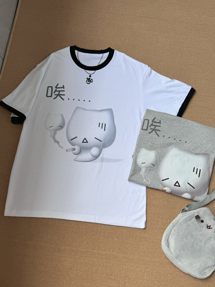 T-shirt Kitty with Cotton Sighing White Neck Print Crew
