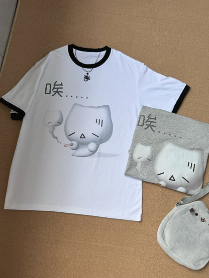 T-shirt Kitty with Cotton Sighing White Neck Print Crew