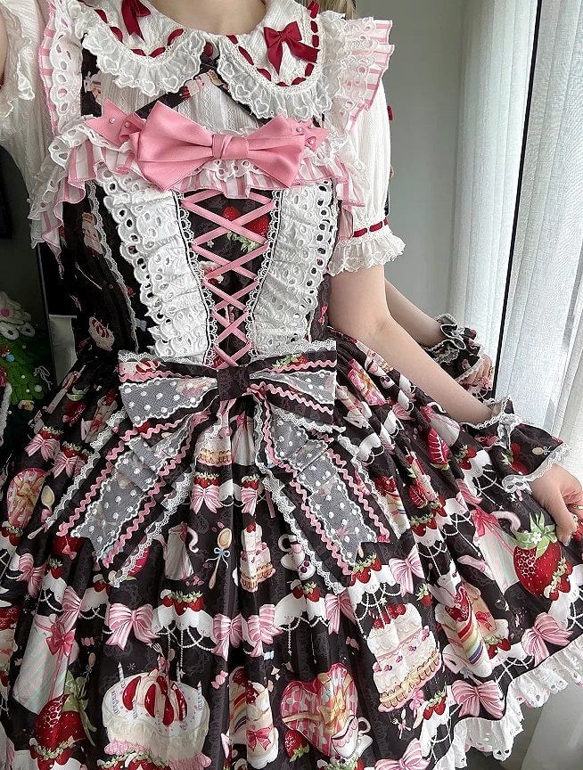 Print Rock Schwarze Schleifen Erdbeerpullover Dessert Sweet Lolita und