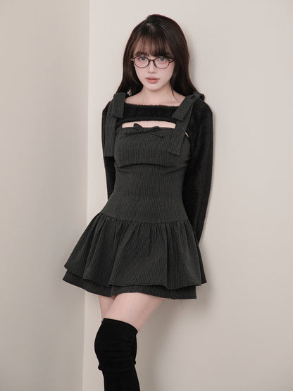 Two-Piece Kei Striped Black Shrug Gray Bow Set + Dress Jirai Dark - Cropped