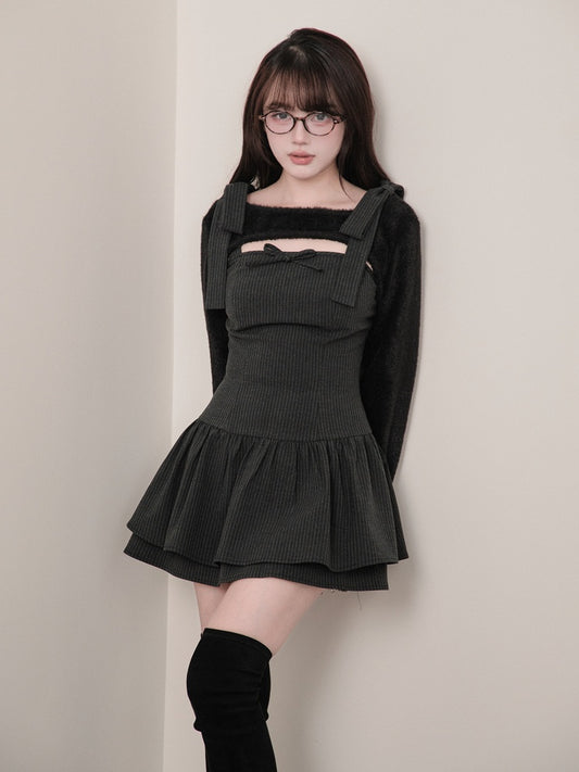 Two-Piece Kei Striped Black Shrug Gray Bow Set + Dress Jirai Dark - Cropped