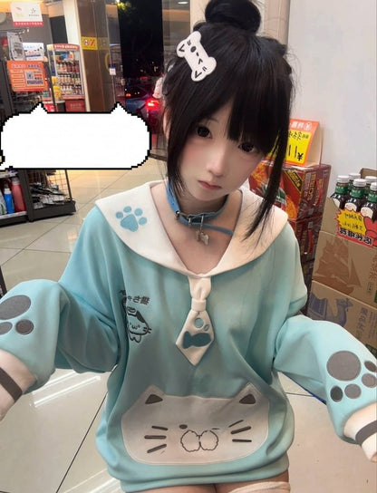 Adorable Collar Sailor Theme Embroidery Cat Cat-Ear Mint Sweatshirt with Blue