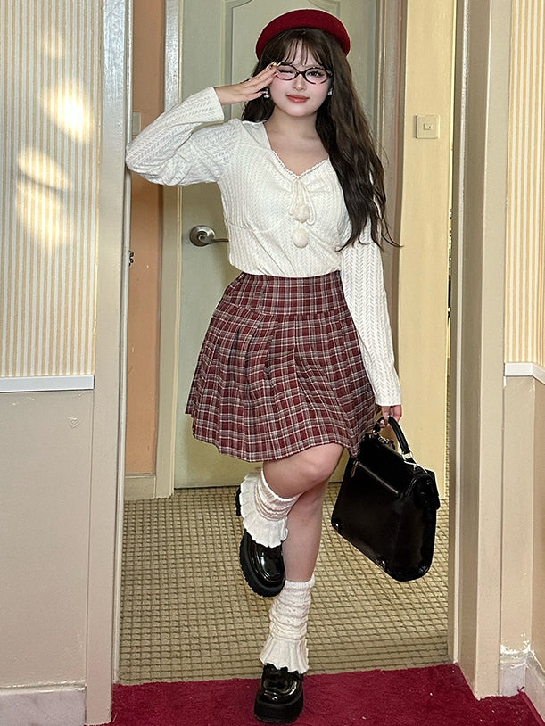 Plus Size White Pompom Accents V-neck Long Sleeves Lace Top