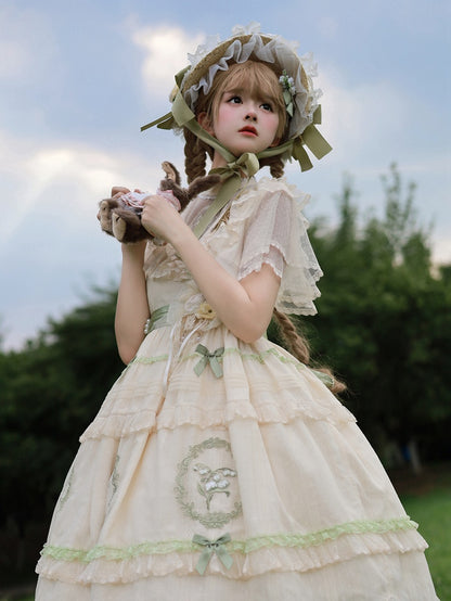 Flower Flat Hat Bow Decoration and Straw Green