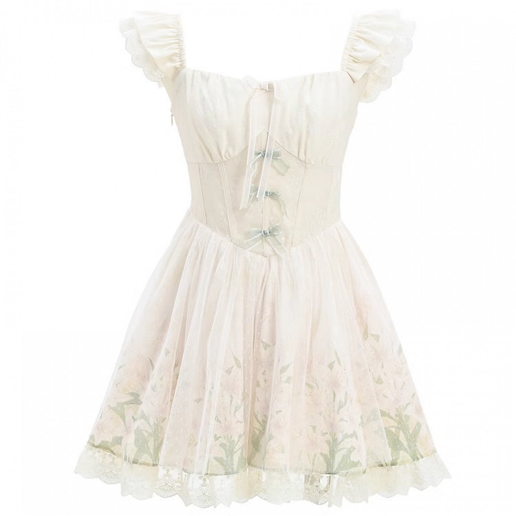 Overlay Mesh Beige Flatterärmel Basken-Taille mit Lilien-Print-Kleid