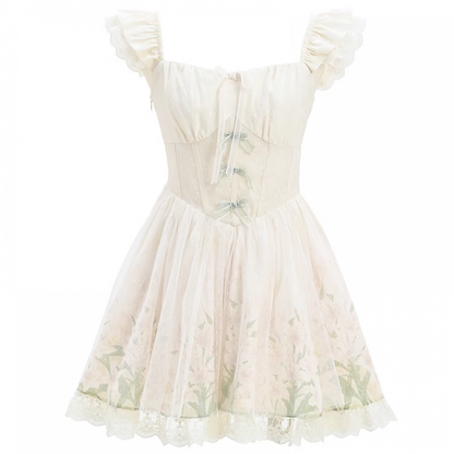 Overlay Mesh Beige Flatterärmel Basken-Taille mit Lilien-Print-Kleid