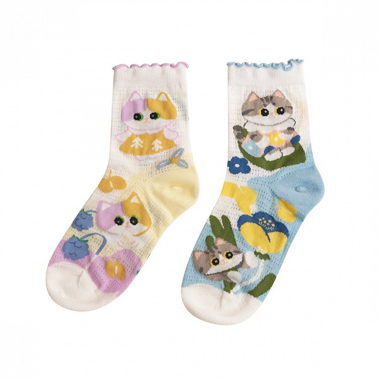 Cute Kitty Floral Print Socks Set