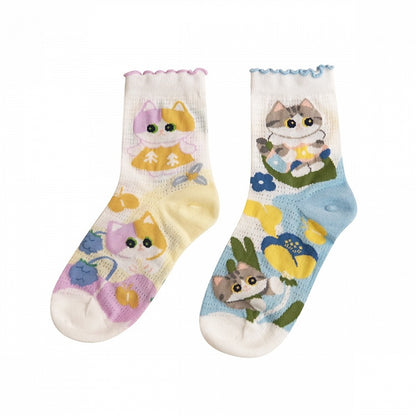 Cute Kitty Floral Print Socks Set