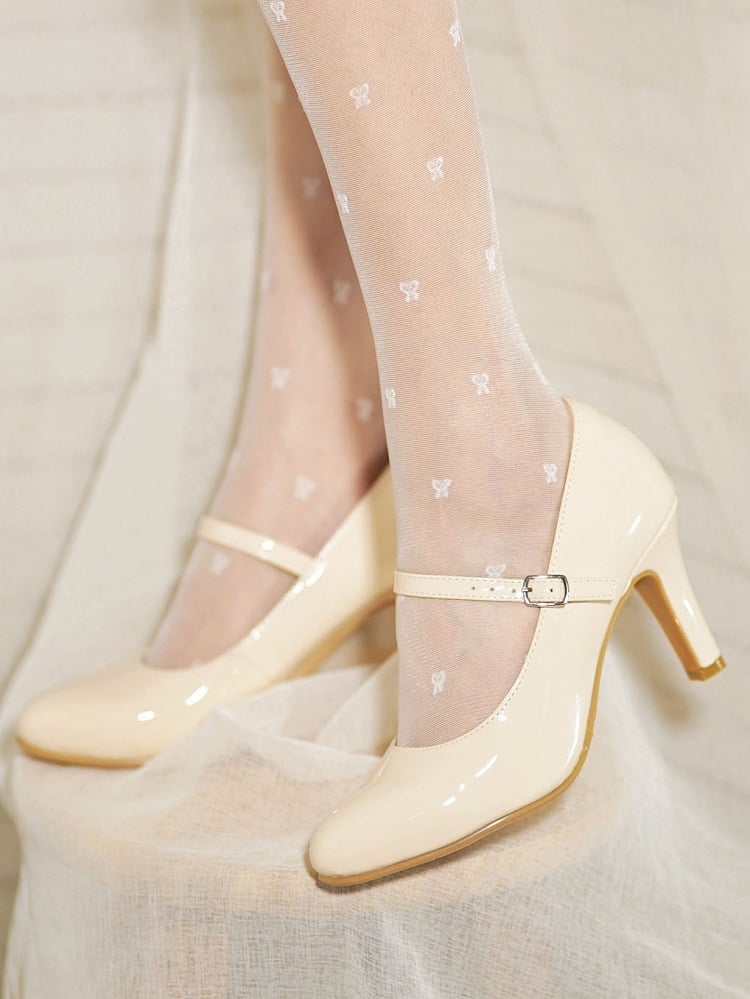 5cm Design Pointed Mid-heel Classic Mary Buckle Toe with Janes Apricot - Strap