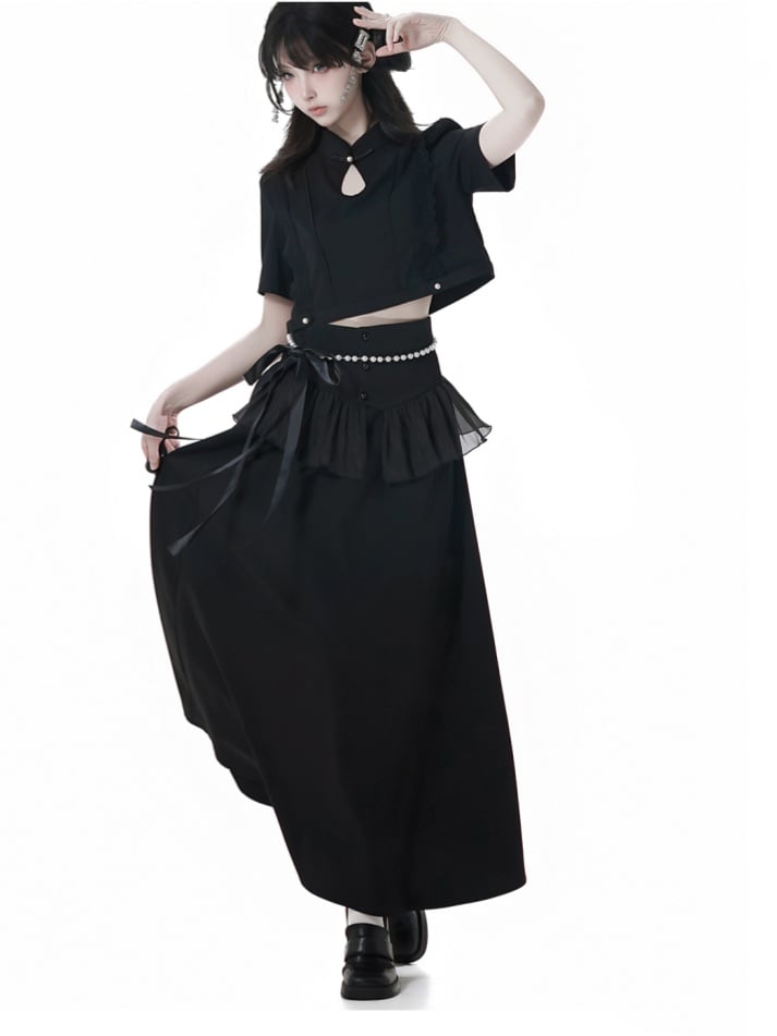 Black Cheongsam Waist Chain Corset Belt Set Free Style Long Skirt with Flounce Beaded Hem