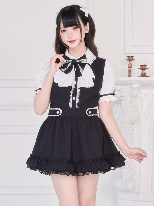 Short Sleeve Set: Shorts with Back and Straps Two-Piece Black Dress Matching Self-Tie Jirai Kei