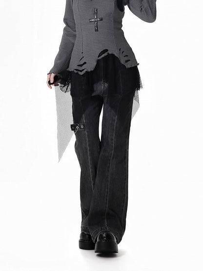 Detail Faded Wash Distressed Graue Schlagjeans mit Herzschnalle