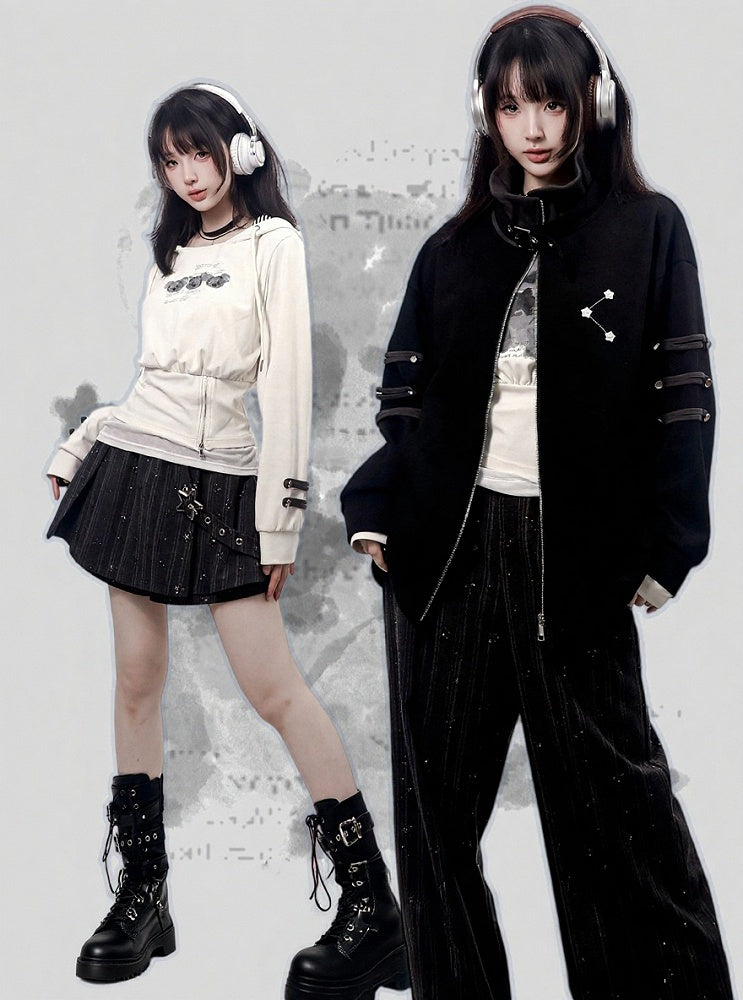 Buckle-Strapped Straight Trousers with Glittering Star Stripe Motif in Black - PINK SAVIOR