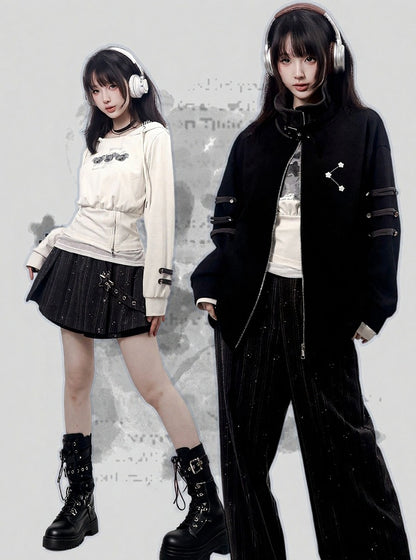 Buckle-Strapped Straight Trousers with Glittering Star Stripe Motif in Black - PINK SAVIOR