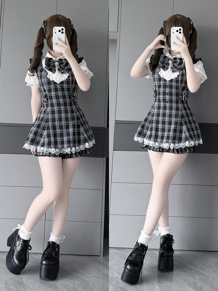 Jabot Black & White Jirai-Kei Plaid Short Sleeve Gown with Lace Bow Accents + Matching Shorts Set - Puzzles