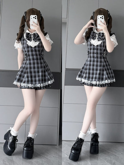 Jabot Black & White Jirai-Kei Plaid Short Sleeve Gown with Lace Bow Accents + Matching Shorts Set - Puzzles