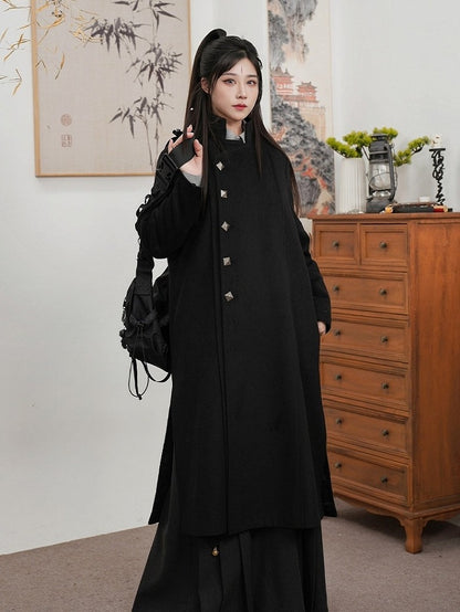 Side Button Style Slits Scarf with Front Set Placket Chinese Unisex - Coat Black