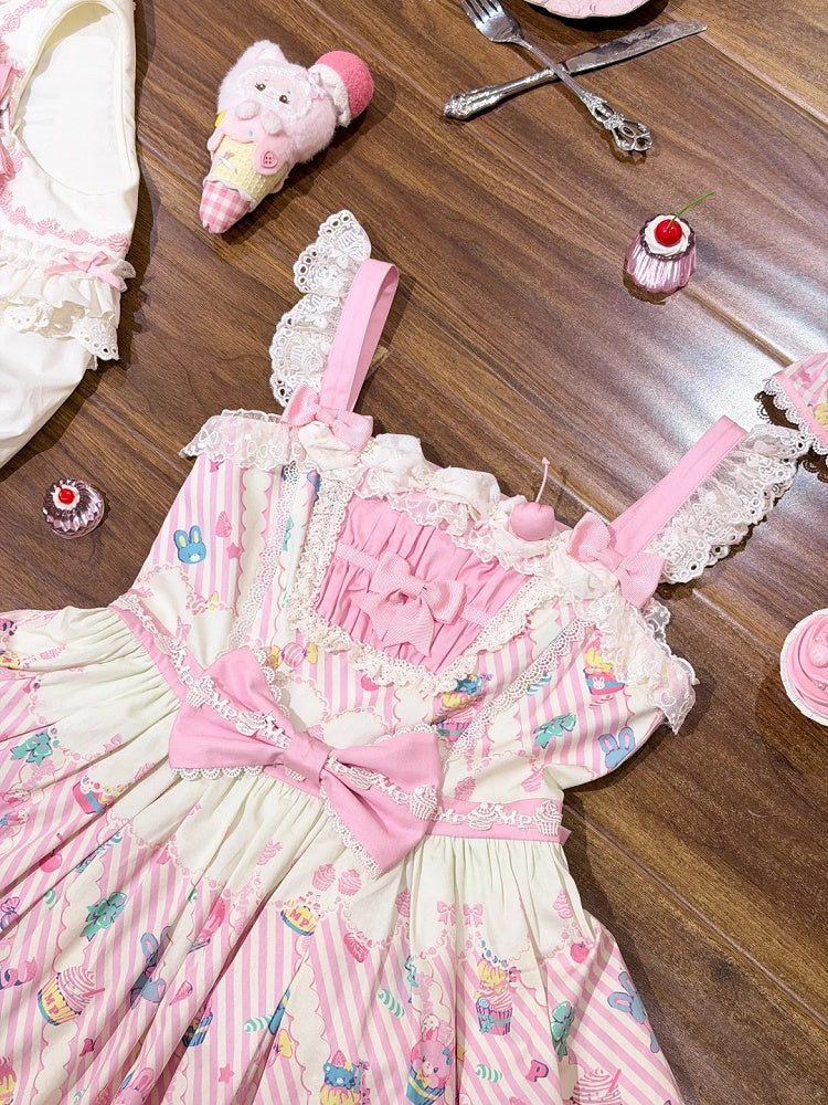 Flutter and Lace Prints Sweet JSK Pink Dress White Trim Sleeves with Lolita Cupcake