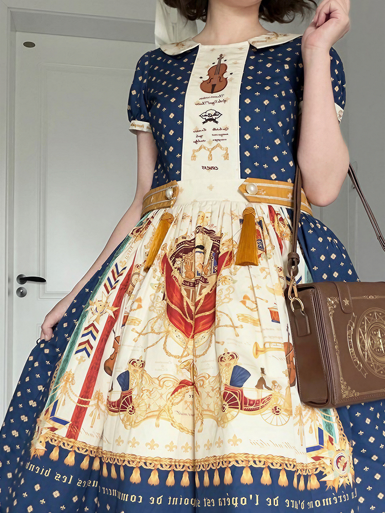 Short Dark Blue Musical Print Peter Pan Collar OP Dress with Tassels - Crucis Universal Tailor Company