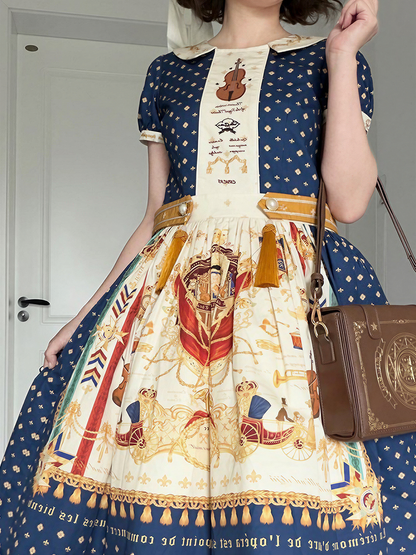 Short Dark Blue Musical Print Peter Pan Collar OP Dress with Tassels - Crucis Universal Tailor Company