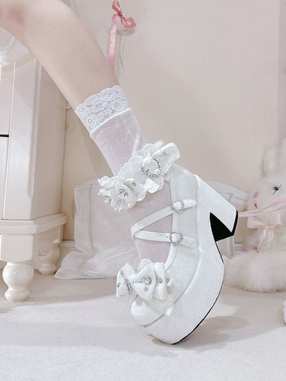 Bittersweet Trim Platform Sneakers White Rhinestone Cross Details Heart Charm Ruffles