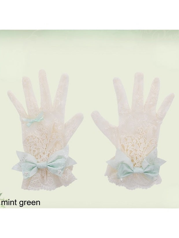 Lace Gloves with Bow Accents in Mint, White, Pink, or Green - Mademoiselle Pearl
