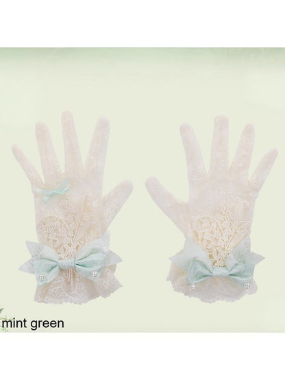 Lace Gloves with Bow Accents in Mint, White, Pink, or Green - Mademoiselle Pearl