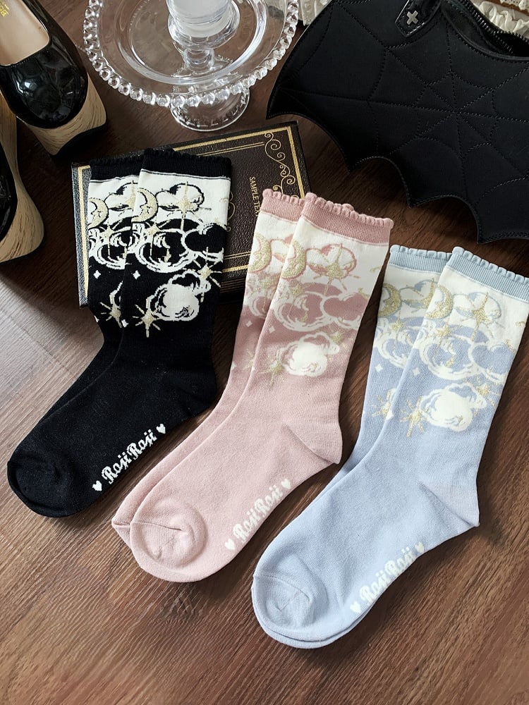 Calf Moon Socks Pattern Star Black/Pink/Blue And