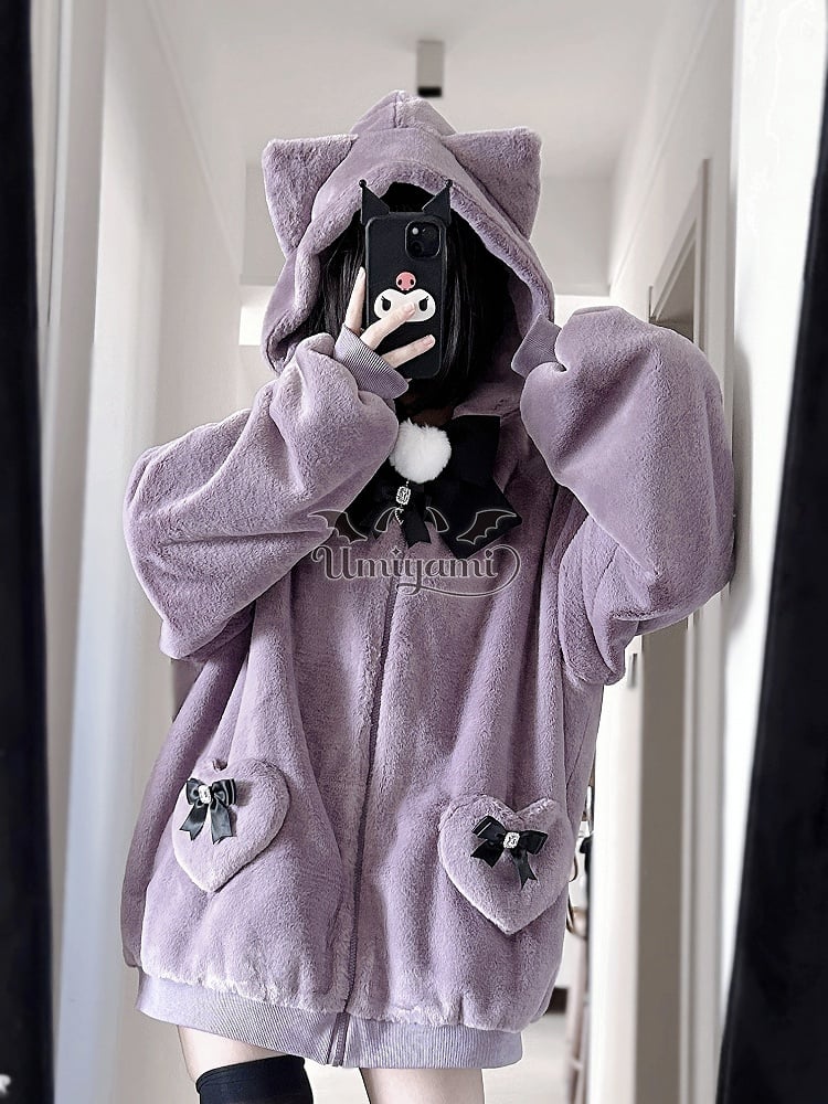 12 Kitty-Ear Jacket Bows Detachable Hooded with Pompom Jirai Available Colors Plush Kei