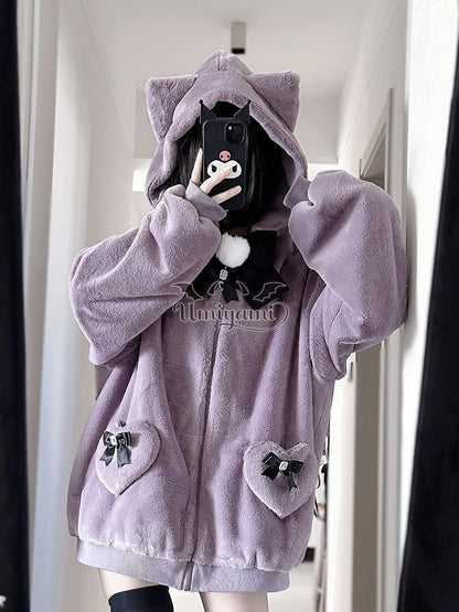 12 Kitty-Ear Jacket Bows Detachable Hooded with Pompom Jirai Available Colors Plush Kei