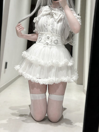 Black Tiered Back / Skirt Jirai Ties Kei Mesh and Beaded White Sweetheart with