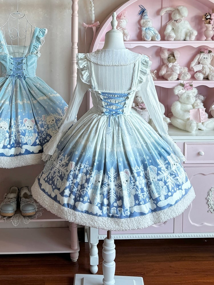 Teddy and Snowflake Print White-Blue Gradient Winter Sweet Lolita Dress with Fleece Hemline