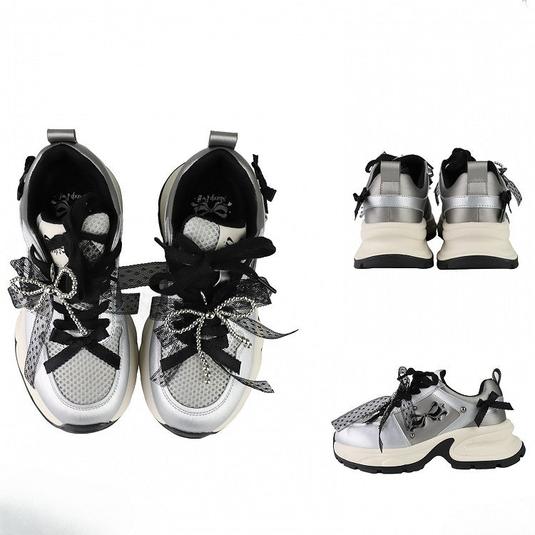Beaded Front Ties Black Bowknot Lace-up Decorated Details Sneakers