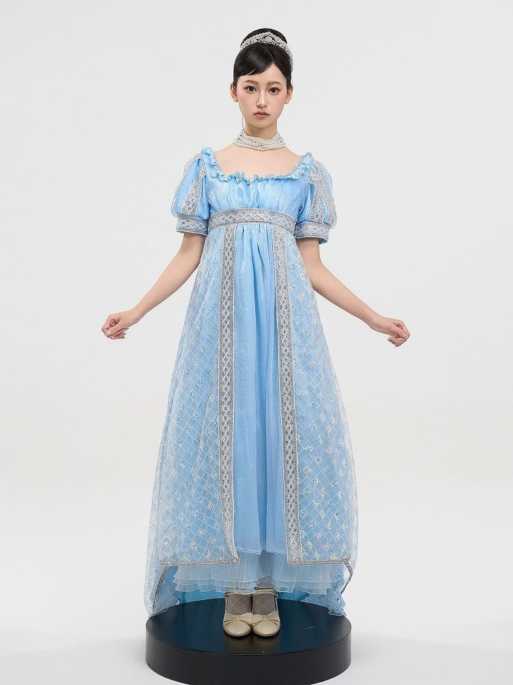 Maxi Lolita Dress Shimmering Rhinestone Blue Details and Sequin Elegant with Waist Empire