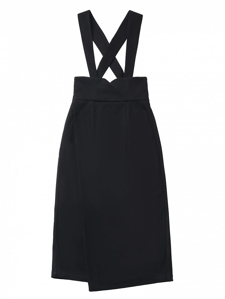 Black Detachable Shoulder Straps Overall Woolen Midi Skirt Asymmetrical Hem
