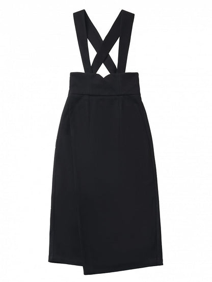 Black Detachable Shoulder Straps Overall Woolen Midi Skirt Asymmetrical Hem
