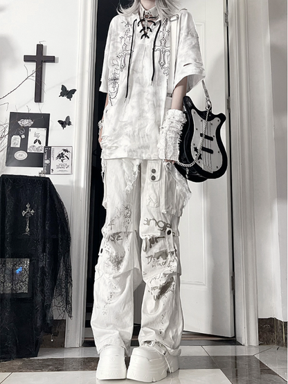 HolesCross Distressed Tie-Dye Devil WhiteGray Sleeve Print Short Horn Hoodiewith Gothic