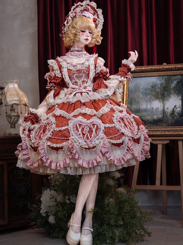 赤い花嫁ロゼット刺繍の花とビーズチェーンのディテールロリータOPフルセット