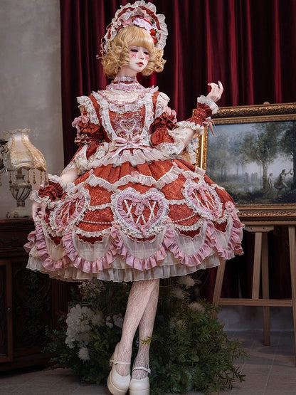 赤い花嫁ロゼット刺繍の花とビーズチェーンのディテールロリータOPフルセット