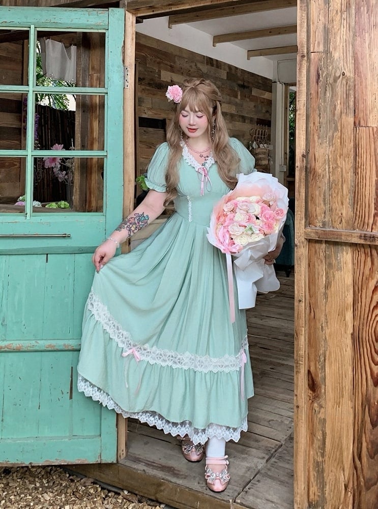 Plus Size Green Sweet Long Dress with Lace & Puff Sleeves - Hard Candy