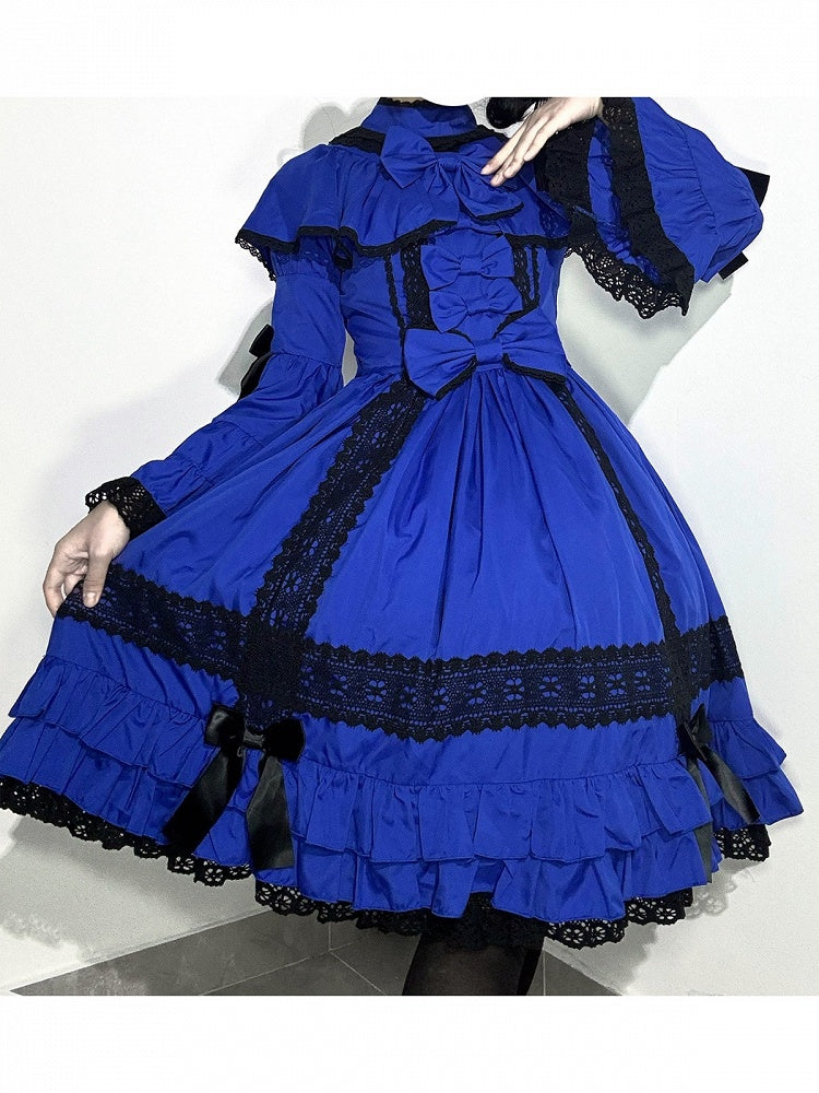 Gothic Lolita Bowknot A-line OP Dress in Black Dark Blue with Bell Sleeves Ruffle Doll Style - NnSTAR