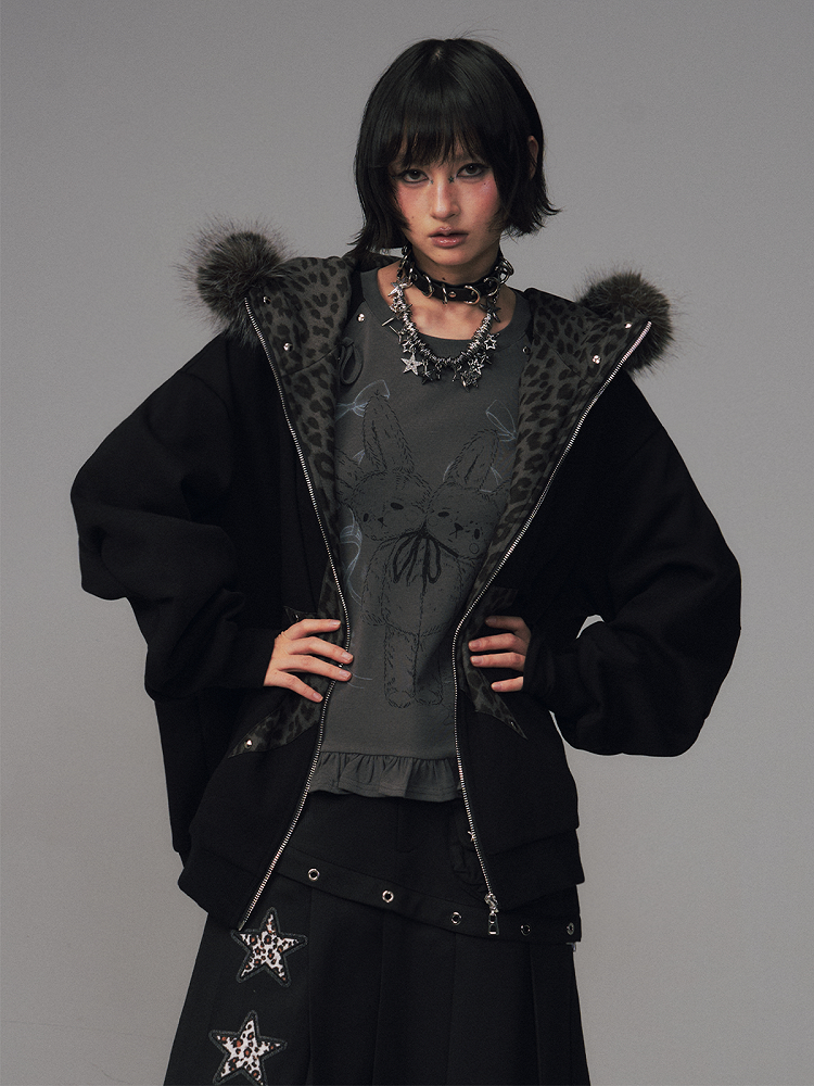 Design Jacket Star-shaped Leopard Patchwork Black - Gyaru Print