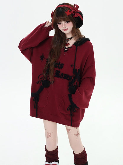 Black Letters Pattern Hooded V-neck Loose Sweater