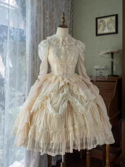 Apricot Basque Waist Long Sleeves Dress Drawstring Skirt Hanayome Lolita One Piece