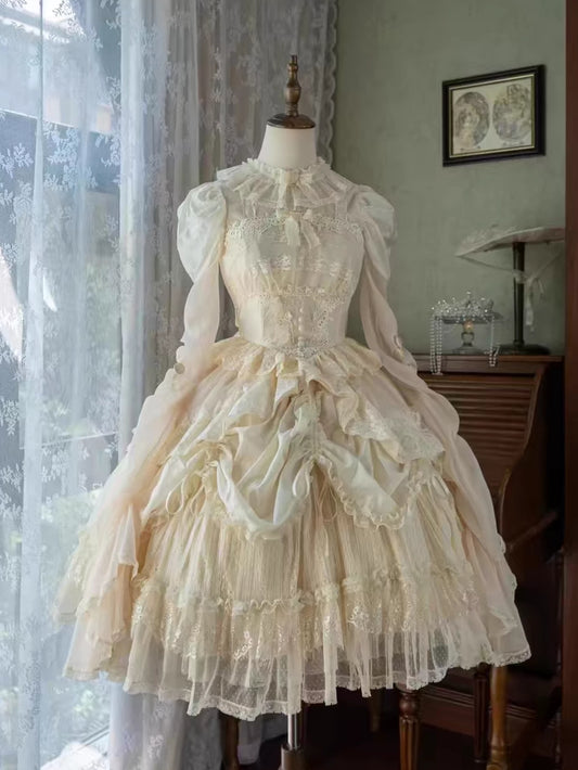 Apricot Basque Waist Long Sleeves Dress Drawstring Skirt Hanayome Lolita One Piece