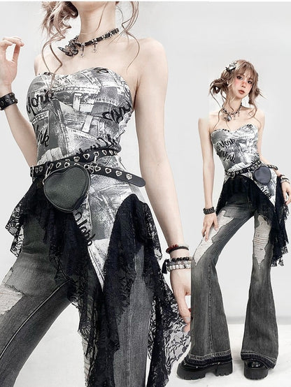 プリントレーストリム ビタースイートヘム レタートップ アシンメトリーチューブ グレー